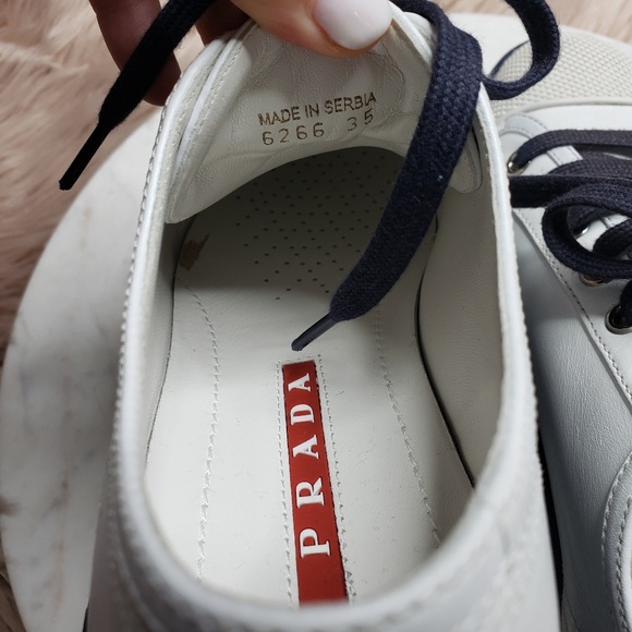 Prada Linea White & Navy Platform Sneakers - Picture 4 of 8